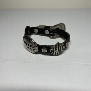 Vintage Harley Davidson Black Leather Bracelet Biker Cuff Metal Emblems 12”